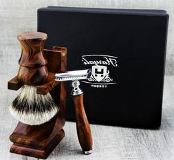 3 Piece Wooden Shaving Set For Men's With SliverTip Badger H