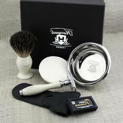4 Piece Mens Shaving Kit DE Safety Razor, Black Badger Brush