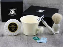 4 Pieces Men's Shaving Set With White Hair Brush & De Safety