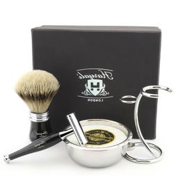 Black Shaving Kit with Mens Double Edge Safety Razor, Brush,