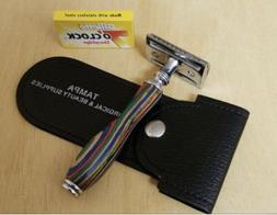 Double Edge Wood Handle Shaving 5 Free Blades Pouch Travel K