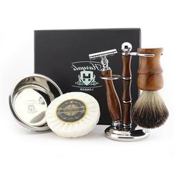 Starter Shaving Wooden Kit, Black Badger Brush, Safety Razor